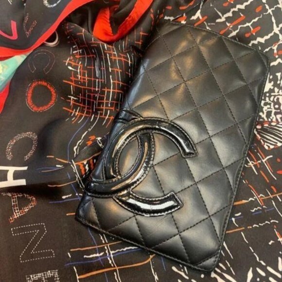 CHANEL Handbags - SOLD!!!  CHANEL Black & Pink Cambon Quilted Lambskin Leather Long Wallet